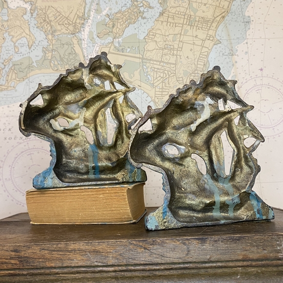 Vintage Cast Iron Bookends Nautical Sailing Pirate Ship Beach Coastal Turquoise - Picture 5 of 6